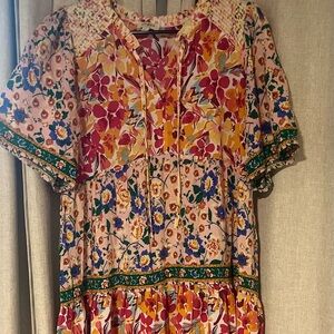 UMGEE Boho Floral Patchwork Dress Size S Smocked Tie Neck